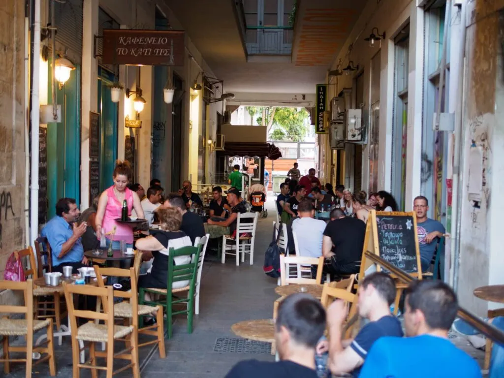 pair The arcade cafes filling up in the afternoon