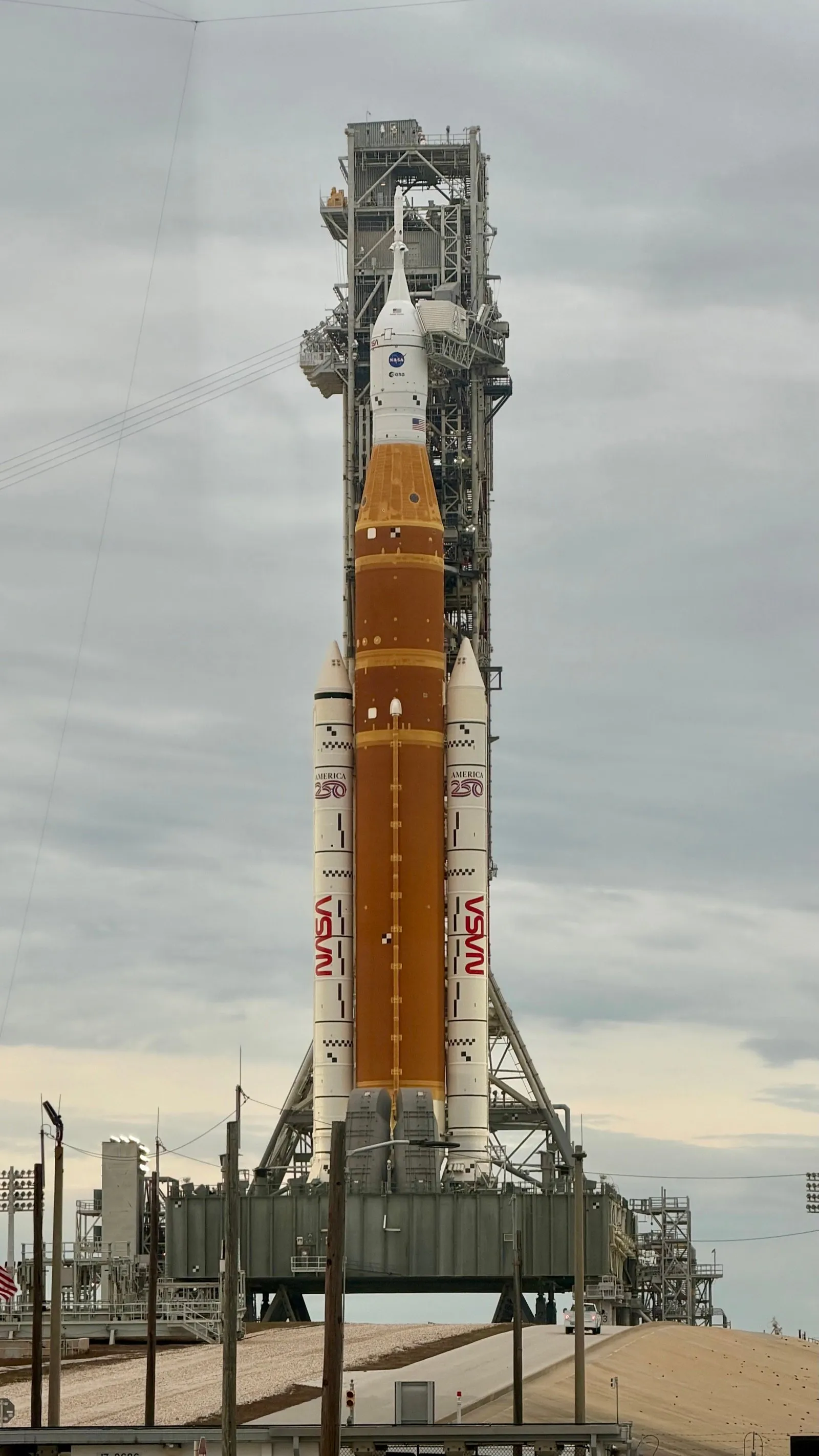 pair NASA SLS rocket on launch pad at Kennedy Space Center