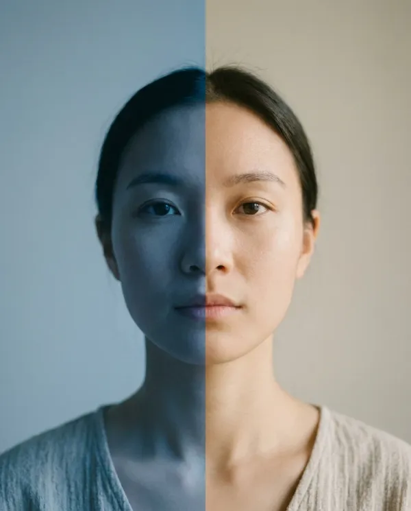 A portrait photograph of a calm face lit so one half falls in cool blue shadow and the other in warm light, split down the centre — two sides within one mind.