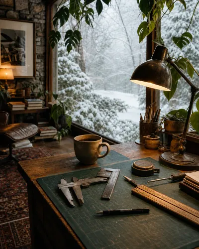Drafting desk under a brass lamp: calipers and wooden rules on a green cutting mat, coffee at hand, snow outside the window