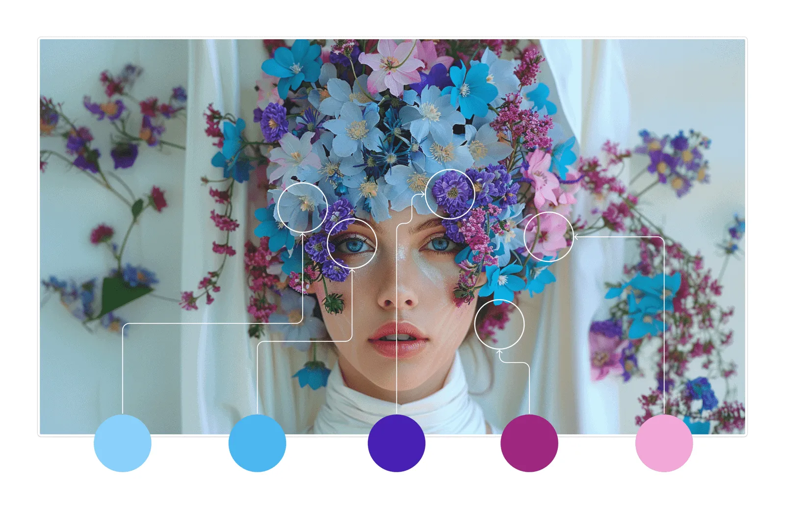 Woman wearing a vibrant flower crown, the colours picked out of it and ranged below as a palette.