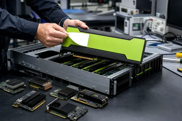 A technician lifting a large green AI accelerator card from an open server in a lab, smaller unbranded accelerator boards waiting on the workbench.