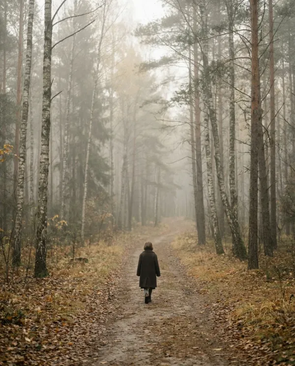 A cinematic photograph of a lone figure walking a path through a thin misty autumnal forest, quiet and nostalgic — Murakami's Norwegian Wood as cinema.