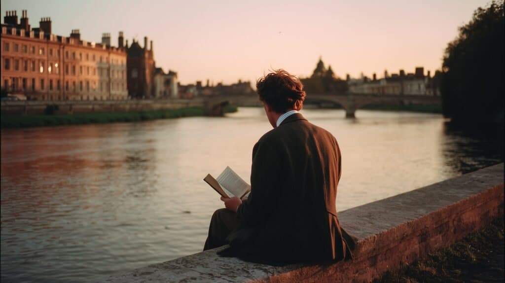 Reading by the river at dusk